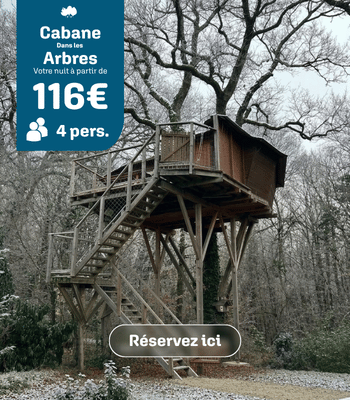 Cabane dans les arbres : visuel de l’hébergement, tarif de l’offre et capacité d’accueil.